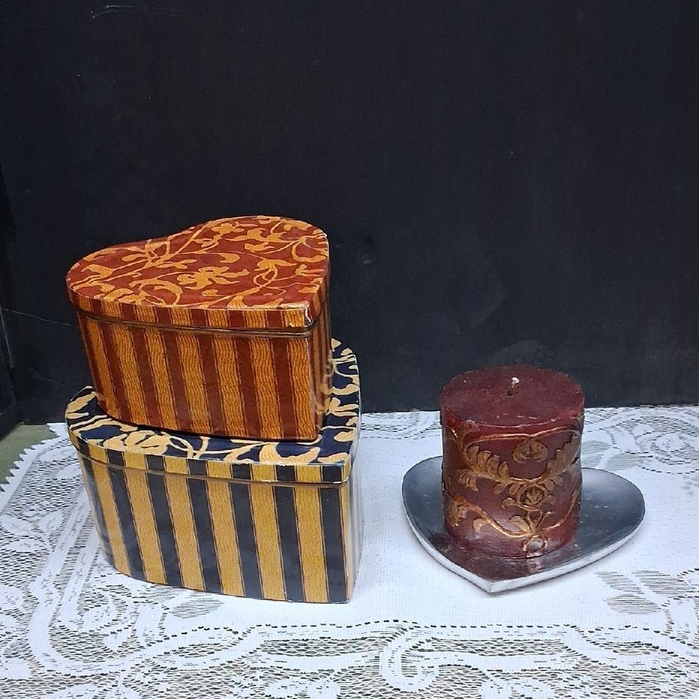Kashmir style Heart Boxes, &‎ Elegant Candle On Silver Dish - Show LOVE.